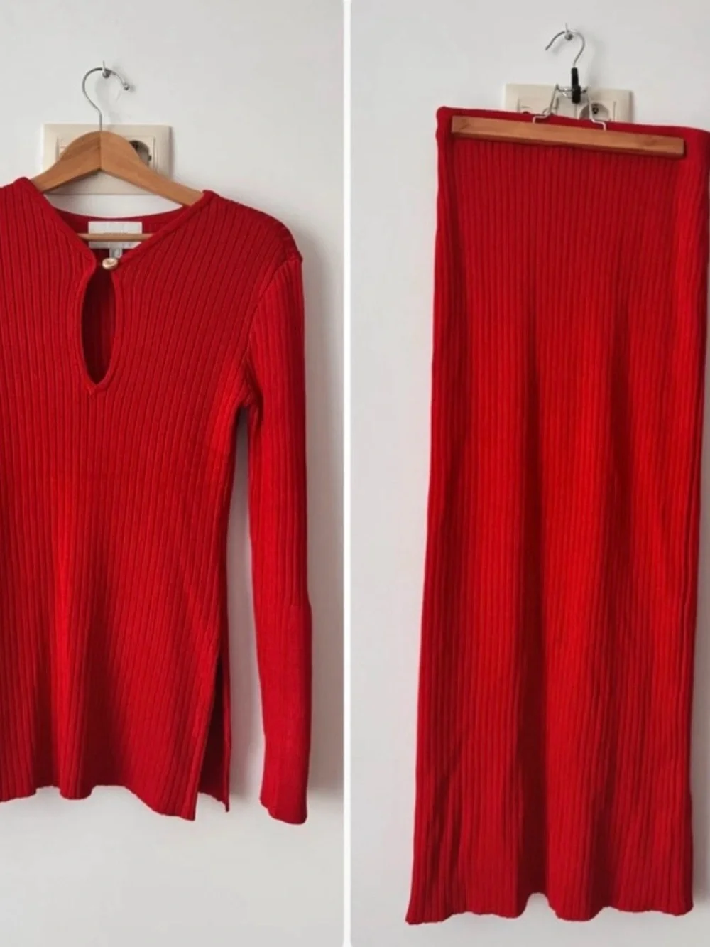 H&M Red Ribbed Midi Skirt